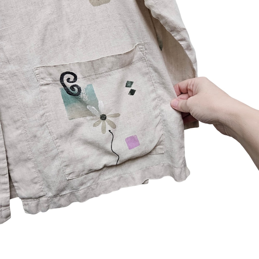 J. Jill Cardigan Jacket Womens LP Beige Linen Hand Painted Artistic Lagenlook - Picture 5 of 8